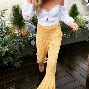 Yellow white polka dot flowy pants